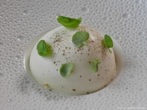 Siphon fromage blanc/ Sorbet curcuma/ Poivre de timut / Basilic